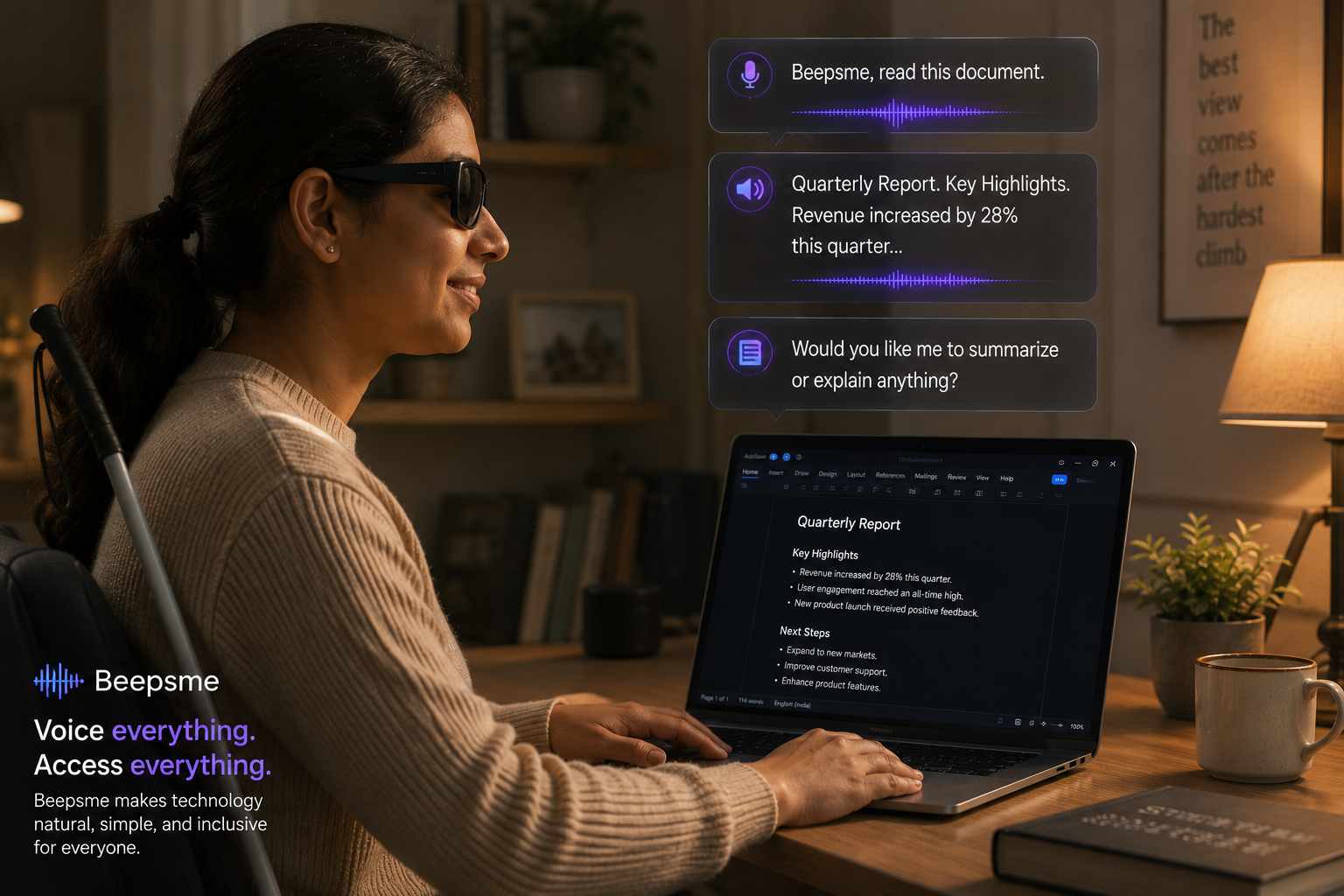 A woman wearing sunglasses listening to her laptop read a document aloud