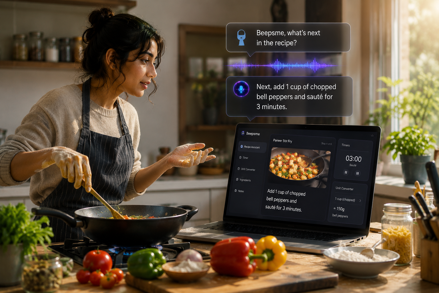 A woman cooking at the stove asks Beepsme what comes next, and her laptop answers with the recipe step and a running timer