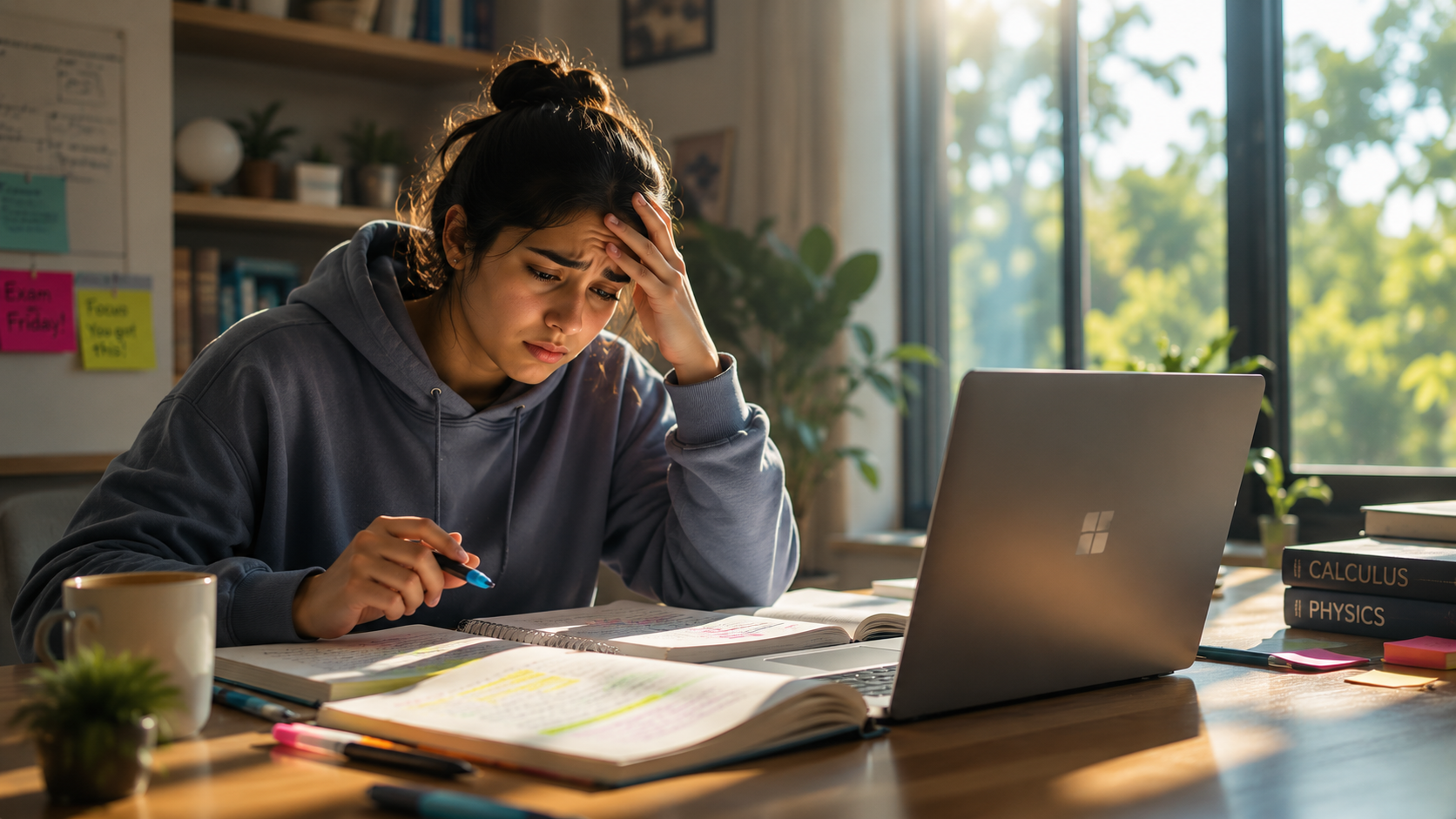 A student stuck on a problem, head in hand over an open textbook, before asking Beepsme to explain it