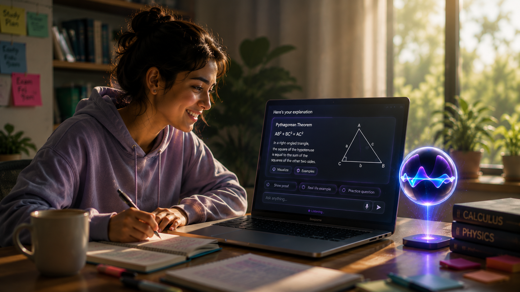 A student smiling as Beepsme explains the Pythagorean theorem on her laptop, with a labelled triangle on screen and the Beepsme orb glowing beside it