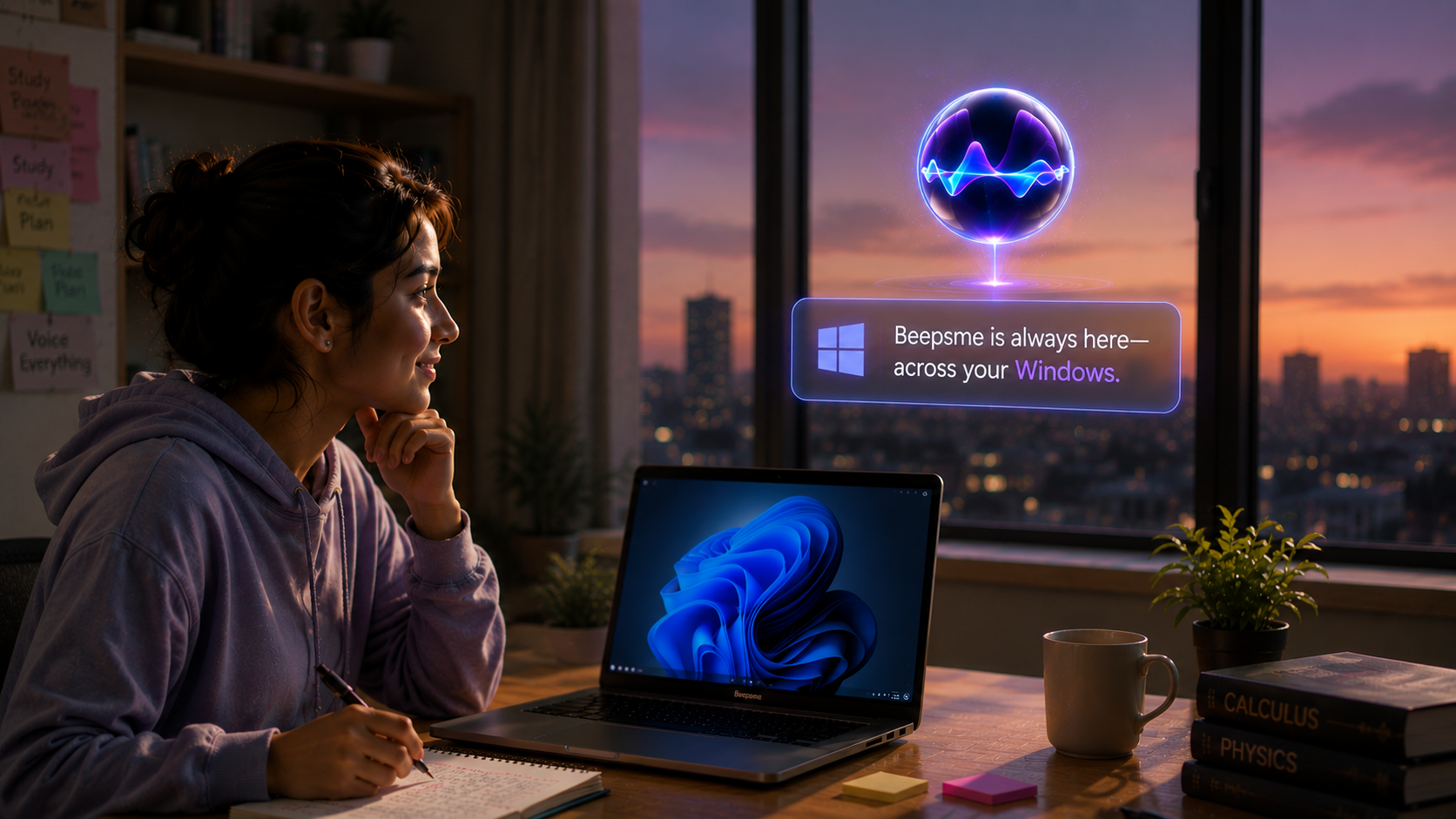 A young person at her desk with Beepsme orb floating above her laptop