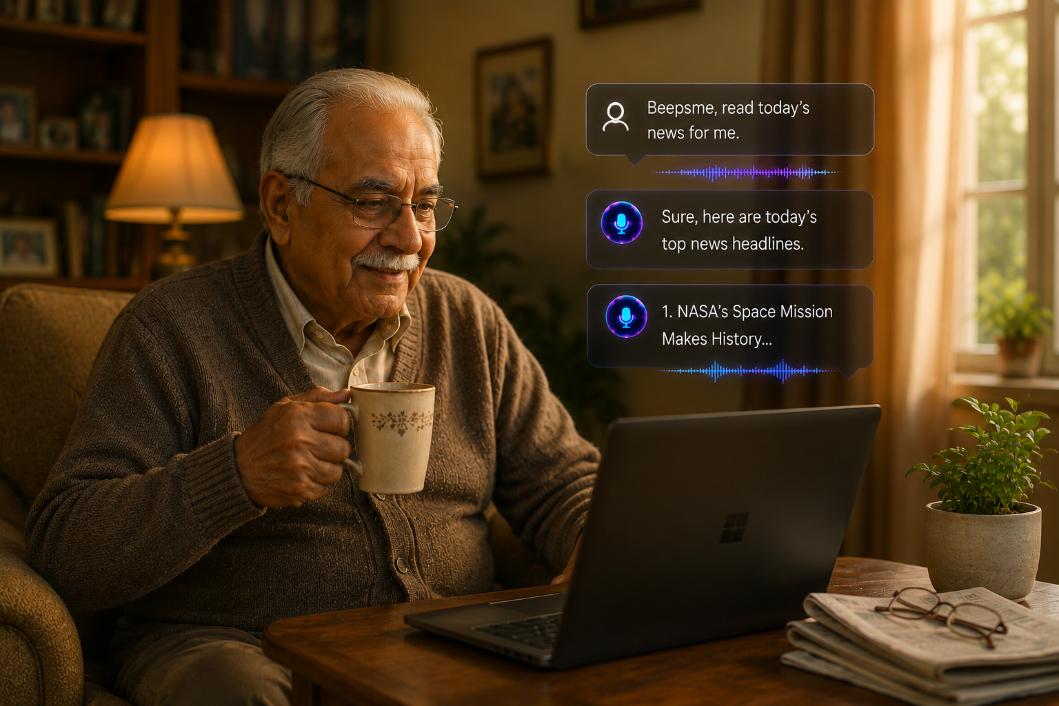 An elderly man reading the morning news on his laptop